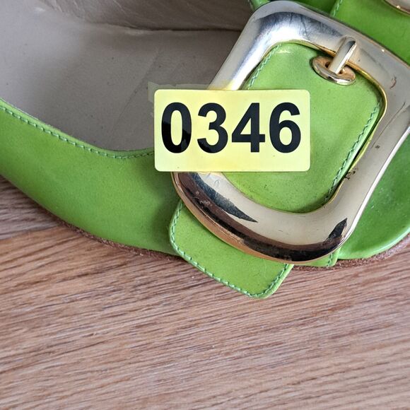 Stuart Weitzman Lime Green Patent Leather Peep Toe Flats 6.5 Gold Buckle Spain - Picture 12 of 12